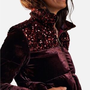 Anthropologie Maeve women’s SZ XL Vera Sequined Velvet Puffer Bomber Jacket Wine